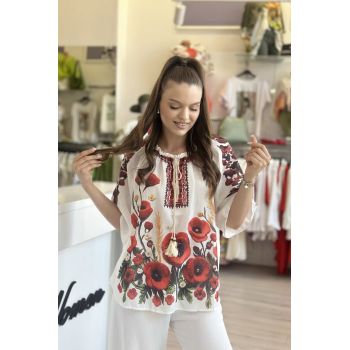 Bluza tip ie cu maneca trei sfert si imprimeu maci