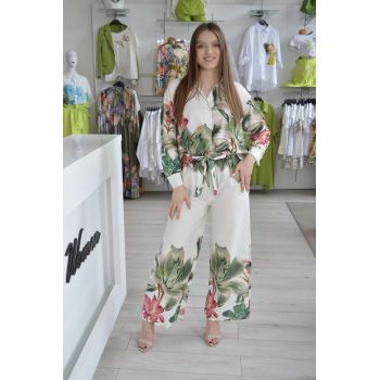 Compleu alb din bumbac cu imprimeu floral in nuante de verde
