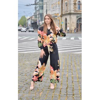 Compleu negru din bumbac cu imprimeu floral in nuante calde
