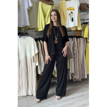 Compleu negru din vascoza cu pantaloni largi