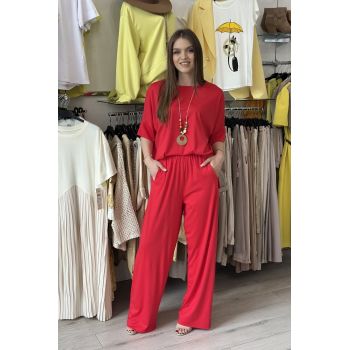 Compleu rosu din vascoza cu pantaloni largi