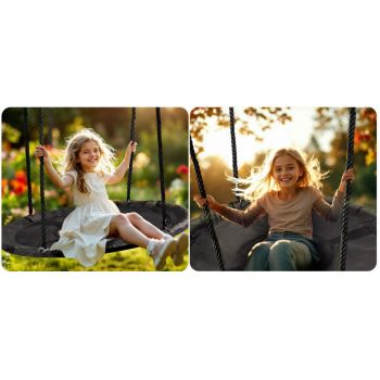 Leagan tip cuib pentru copii Neo-Sport Negru, Diametru 110 cm, Tesatura Oxford 600D impermeabila si rezistenta, Cadru din otel acoperit cu spuma PE moale, Greutate suportata 150kg, Franghii groase cu lungime reglabila