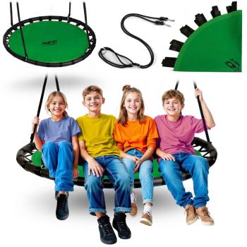 Leagan tip cuib pentru copii Neo-Sport Swingo Verde, Diametru 120 cm, Tesatura Oxford 600D impermeabila si rezistenta, Cadru din otel acoperit cu spuma PE moale, Greutate suportata 150kg, Franghii groase cu lungime reglabila