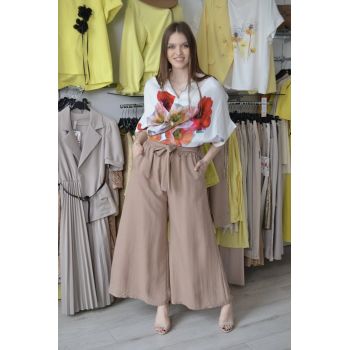 Pantaloni bej inchis largi cu cordon in talie