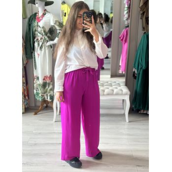 Pantaloni largi magenta cu cordon in talie