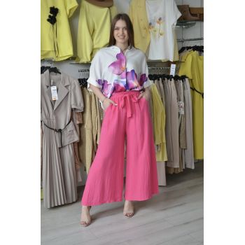 Pantaloni roz fucsia largi cu cordon in talie