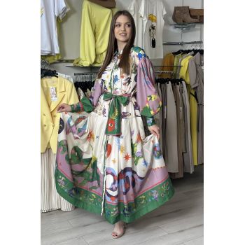 Rochie de vara lunga crem cu imprimeu avangardist