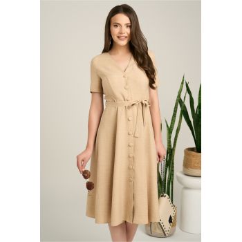 Rochie DY Fashion midi bej din material fluid in clos cu nasturi si cordon in talie