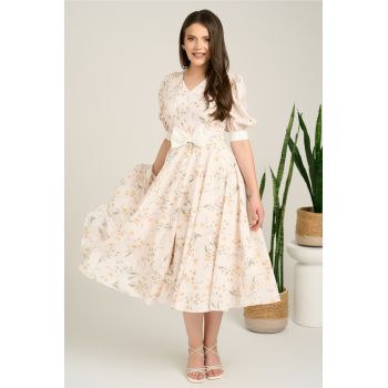 Rochie DY Fashion midi bej din satin in clos cu print floral si funda in talie