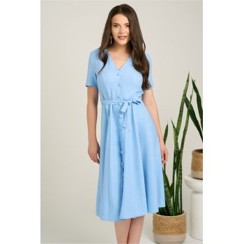Rochie DY Fashion midi bleu din material fluid in clos cu nasturi si cordon in talie