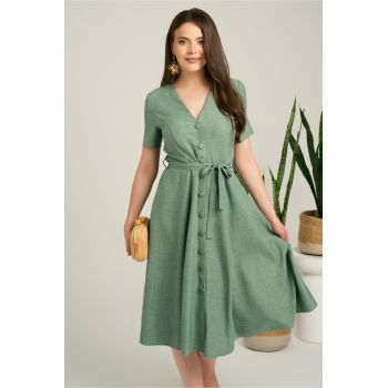 Rochie DY Fashion midi kaki din material fluid in clos cu nasturi si cordon in talie