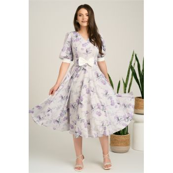 Rochie DY Fashion midi lila din satin in clos cu print mov si funda in talie