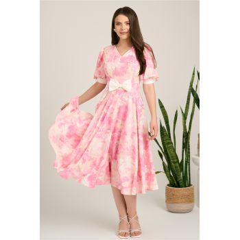 Rochie DY Fashion midi roz din satin in clos cu print alb si funda in talie
