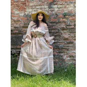 Rochie in nuante de bej cu volane la maneci si curea in talie