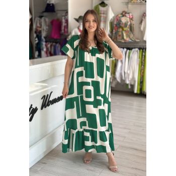 Rochie lunga din vascoza  cu imprimeu verde si bej