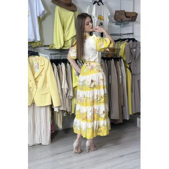 Rochie lunga galbena cu imprimeu floral