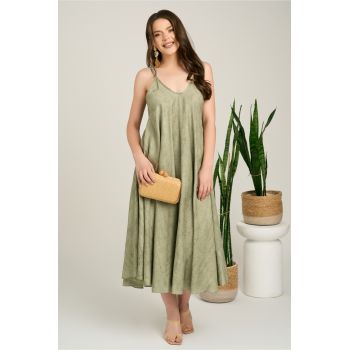 Rochie lunga kaki din viscoza cu croi tip A si bretele subtiri