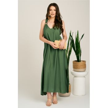 Rochie lunga kaki din viscoza cu croi tip A si crapaturi in laterale