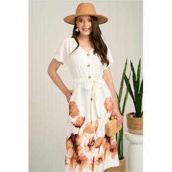 Rochie midi alba din satin cu imprimeuri florale maro la baza si cordon in talie