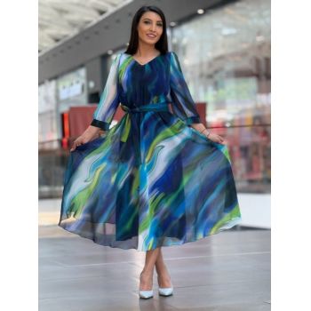 Rochie midi albastra in degrade cu maneci