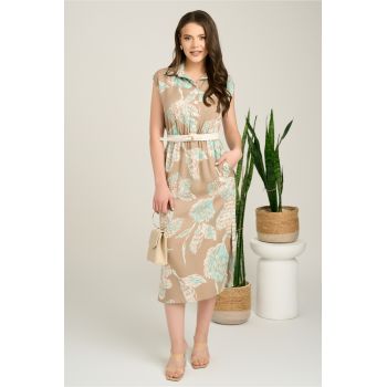 Rochie midi bej cu imprimeu verde mint din tencel cu elastic si curea in talie