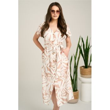 Rochie midi bej din bumbac cu imprimeuri albe si cordon in talie