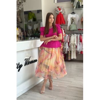 Rochie midi in nuante de fuxia si portocaliu