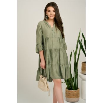 Rochie midi kaki din tencel creponat cu croi tip A si nasturi la bust