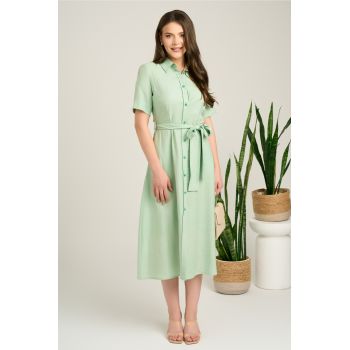Rochie midi verde mint din viscoza in clos cu aspect sidefat si cordon in talie