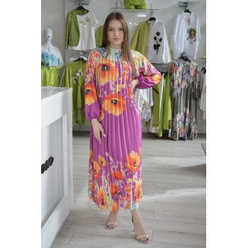 Rochie mov plisata lunga cu imprimeu flori multicolore