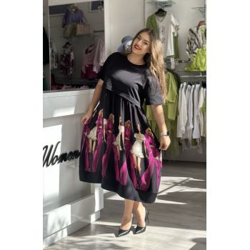 Rochie neagra cu imprimeu fucshsia cu fete