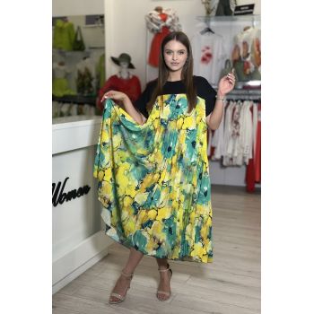 Rochie plisata din bumbac cu imprimeu in nuante de turcoaz si galben