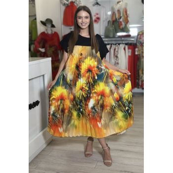 Rochie plisata din bumbac cu imprimeu papadii