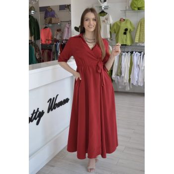 Rochie rosie bordo cu guler si cordon in talie Rochie rosie bordo cu guler si cordon in talie