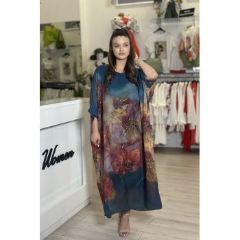 Rochie turcoaz cu imprimeu flori portocalii