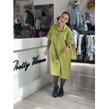 Rochie verde fistic cu buzunare si nasturi