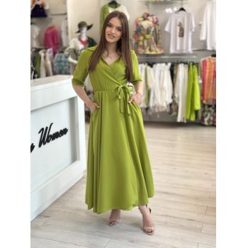 Rochie verde fistic cu guler si cordon in talie