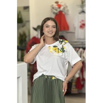 Tricou alb din bumbac cu funda pe umar cu imprimeu lamai