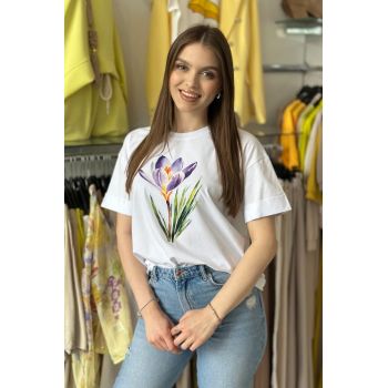 Tricou alb din bumbac cu imprimeu branduse