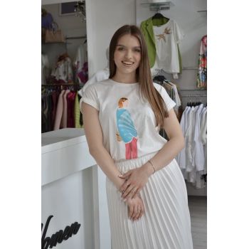 Tricou alb din bumbac cu imprimeu fetita cu evantai