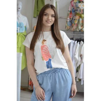 Tricou alb din bumbac cu imprimeu fetita cu evantai