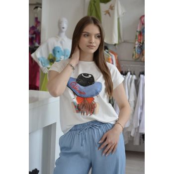 Tricou alb din bumbac cu imprimeu fetita cu palarie