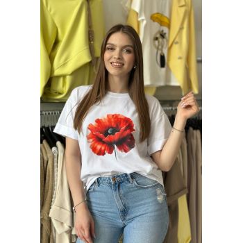 Tricou alb din bumbac cu imprimeu floare de mac