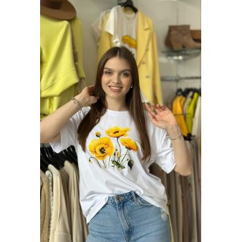 Tricou alb din bumbac cu imprimeu flori galbene