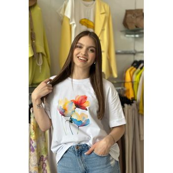 Tricou alb din bumbac cu imprimeu flori multicolore pastel