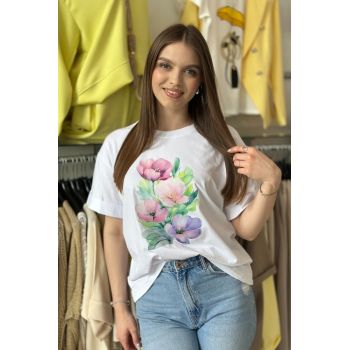 Tricou alb din bumbac cu imprimeu flori multicolore