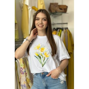 Tricou alb din bumbac cu imprimeu frezii galbene