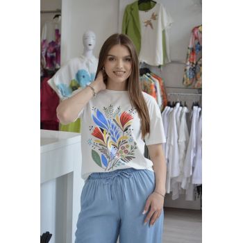 Tricou alb din bumbac cu imprimeu manunchi de flori