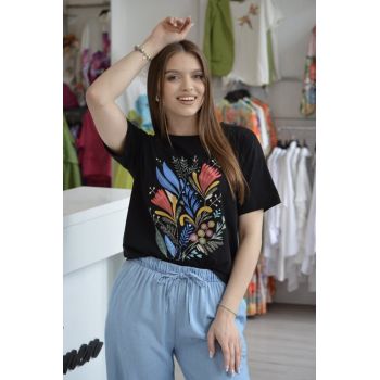 Tricou negru din bumbac cu imprimeu manunchi de flori