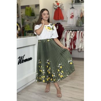 Fusta plisata kaki cu imprimeu lamai